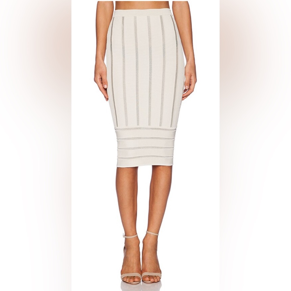 RONNY KOBO Molly Metallic Stripe Skirt, Bone & Silver vertical stripes. size SP